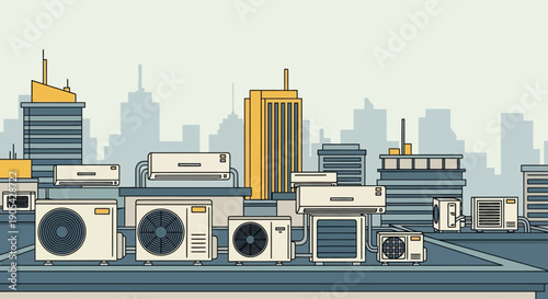 Urban rooftop with hvac units in contemporary cityscape setting