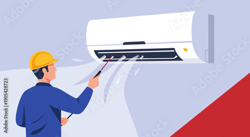 Technician repairing air conditioner with toolkit in modern flat design