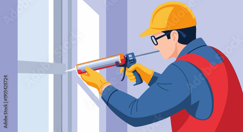 Construction worker applying sealant to window frame in flat design