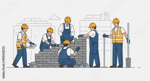 Flat design construction workers building a brick wall scene