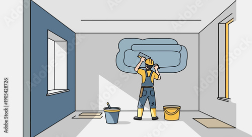 Worker renovating room with paint roller in minimalist style