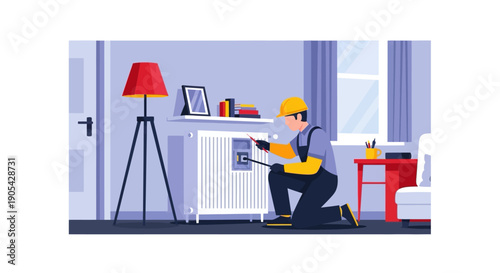 Flat design technician repairing radiator in modern interior setting
