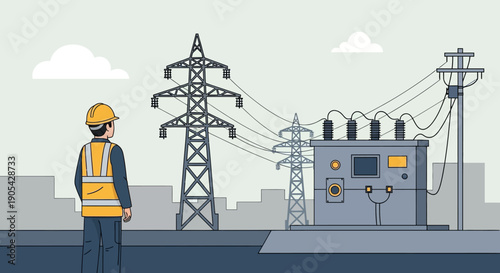 Engineer observing electrical power station and transmission towers