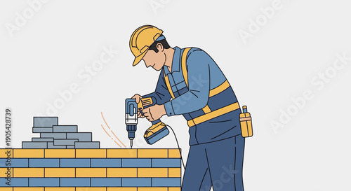 Construction worker drilling concrete wall in safety gear