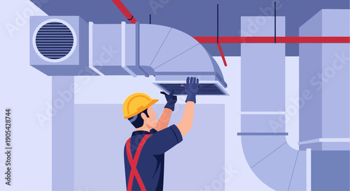 Hvac technician adjusting air vent in modern building interior