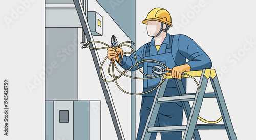 Electrician working in modern building with safety gear and tools