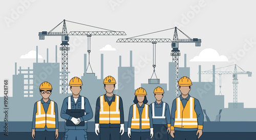 Construction workers in safety gear with urban skyline and cranes in background