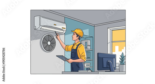 Technician inspecting air conditioning unit in modern office setting