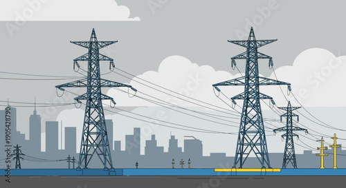 Urban power grid with transmission towers and cityscape in flat style