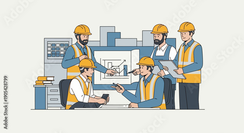 Team of engineers discussing construction blueprint in modern office