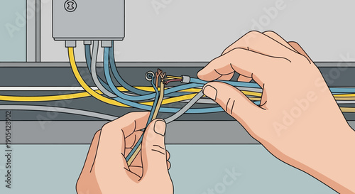 Hands repairing electrical wires with precision in realistic style