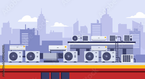 Rooftop air conditioning units against urban skyline in flat design
