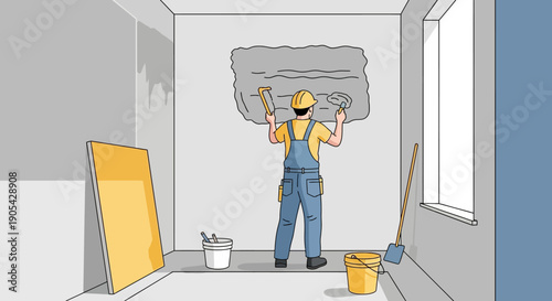 Worker renovating room interior with painting and plastering tools