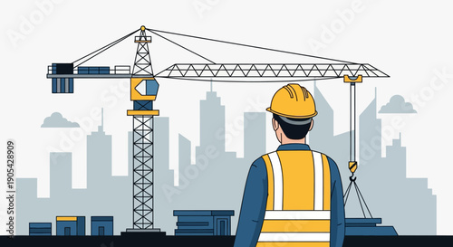 Construction worker overlooking tower crane on urban building site with city skyline