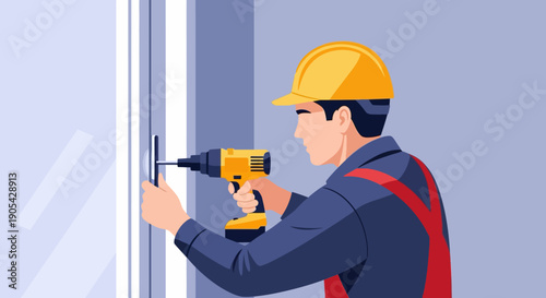 Worker using a drill on a door wearing safety gear in flat design
