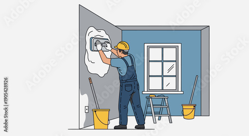 Construction worker plastering wall in detailed flat style interior scene