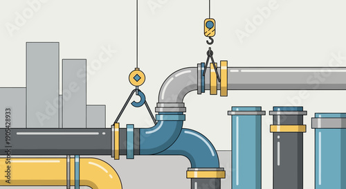 Industrial pipeline system with hanging hooks and pulleys in modern flat design