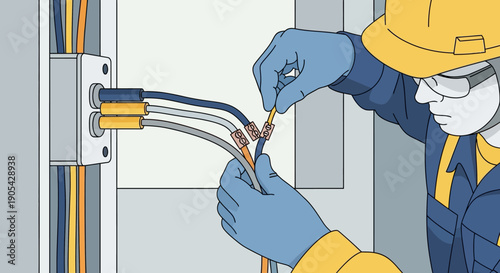 Electrician working on wiring installation with safety gear in detailed artwork