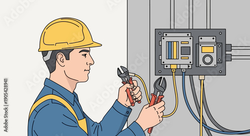 Electrician in safety gear working on electrical panel with tools
