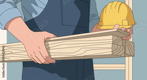Builder holding wooden planks with safety helmet in a workshop setting