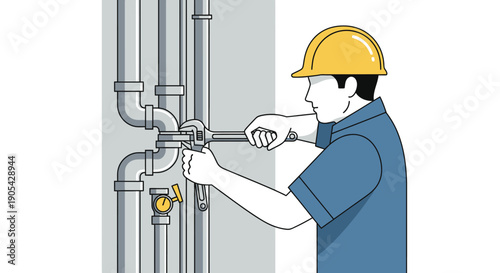 Plumber fixing pipes with wrench vector art in flat style