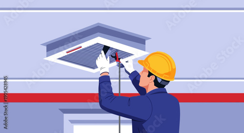 Technician in hard hat installing ceiling vent in modern interior