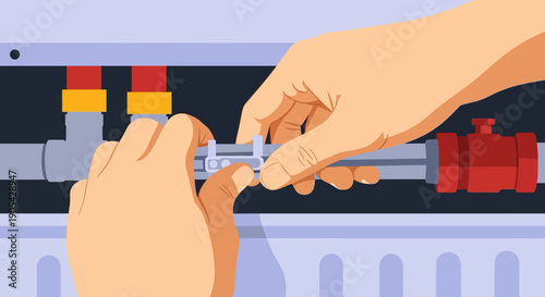 Hands adjusting central heating pipework in flat style for modern home maintenance