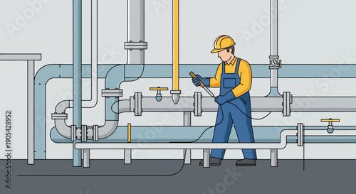 Worker inspecting industrial pipelines in a factory setting