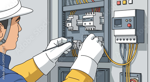 Technician inspecting electrical panel in modern workplace setting