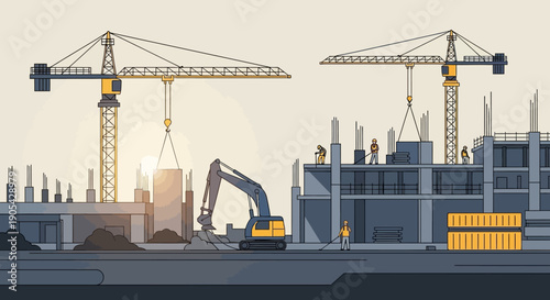 Construction site at sunset with cranes and workers in flat minimalist style