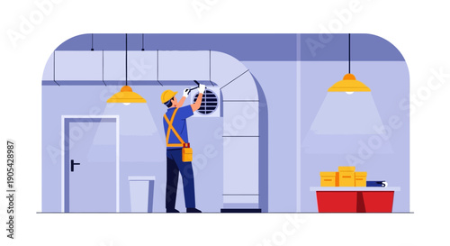 Technician in modern workshop adjusting ventilation system with precision tools