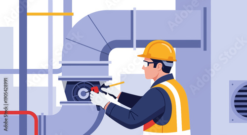 Industrial worker in hard hat adjusting pipe valve in modern facility