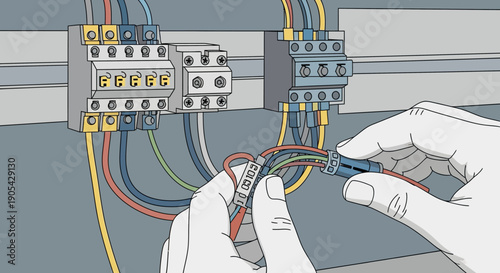 Technician wiring electrical components in a panel board in detailed colorful design