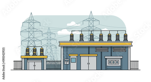 Electrical substation: modern flat design of power distribution center with high voltage towers