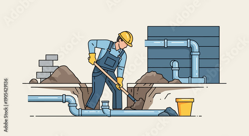 Construction worker in overalls digging with shovel near building foundation and plumbing pipes