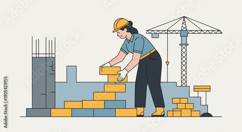 Construction worker building brick wall with crane in background