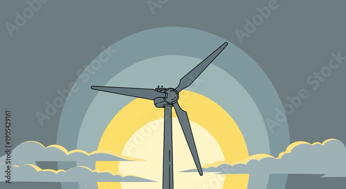 Renewable energy wind turbine with sunburst background in a minimalist style