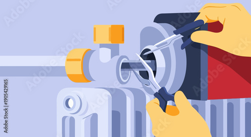 Hands installing modern heater valve in flat design