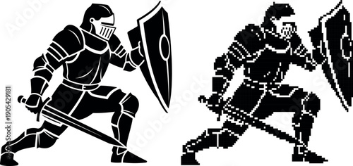 Black silhouette of a medieval knight with sword and shield on transparent background