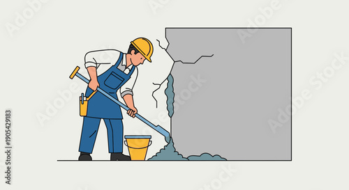 Construction worker repairing wall cracks with tools in simple cartoon style