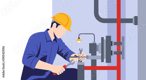 Industrial maintenance worker in safety gear fixing pipes with tools