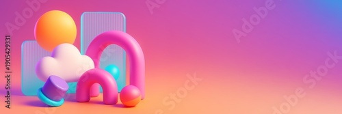 Abstract colorful geometric shapes with playful 3D style on gradient backgrou...