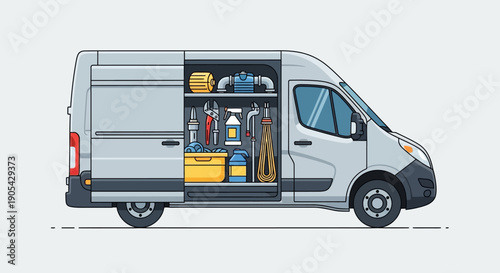 Delivery van with open storage showing tools and equipment in flat style design
