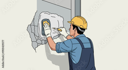 Worker fixing wall with trowel in retro pop art style