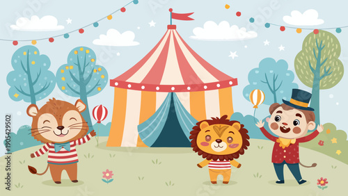 Friendly cartoon circus characters with lion monkey and clown in front of tent