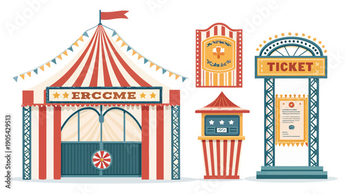 Vibrant circus entrance with ticket booths and colorful signs on white background for festive event promotions