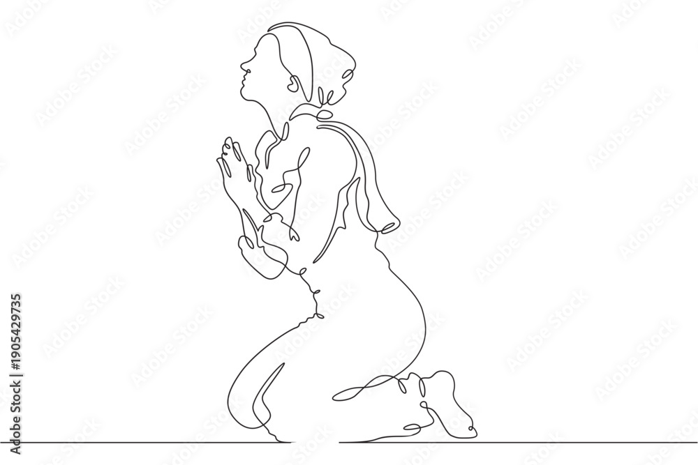 Obraz premium Continuous single line drawing woman praying. Beautiful woman praying on her knees. Faith. Religion. Linear.One continuous line isolated minimalist illustration. Not AI.