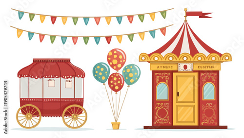 Vibrant circus ticket booth colorful balloons and festive banner on white background for party decoration