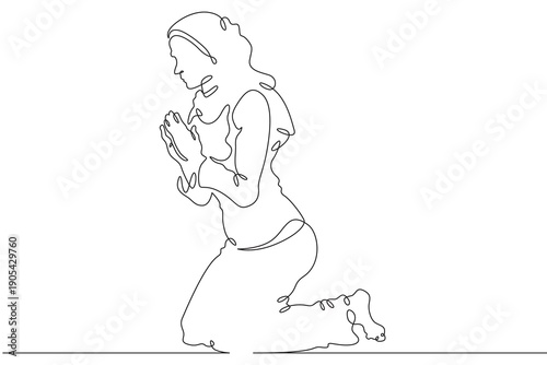 Wallpaper Mural Continuous single line drawing woman praying. Beautiful woman praying on her knees. Faith. Religion. Linear.One continuous line isolated minimalist illustration. Not AI. Torontodigital.ca