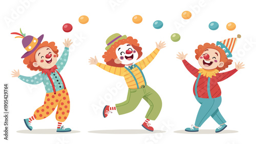 Three cheerful clowns juggling colorful balls in playful poses wearing vibrant costumes and hats on white background